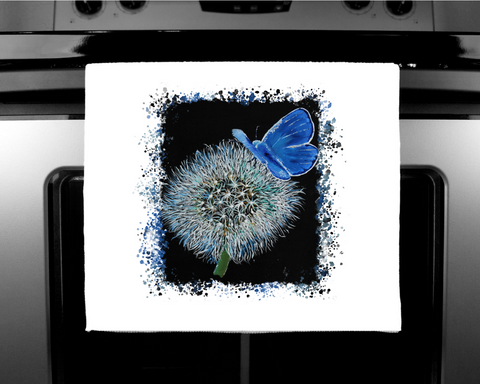 Nature's Own - Luxury handprinted tea towel, Butterfly on Dandelion Painting,