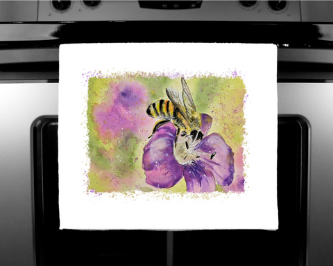 Nature's Own - Luxury handprinted tea towel, Bee on a flower Painting,
