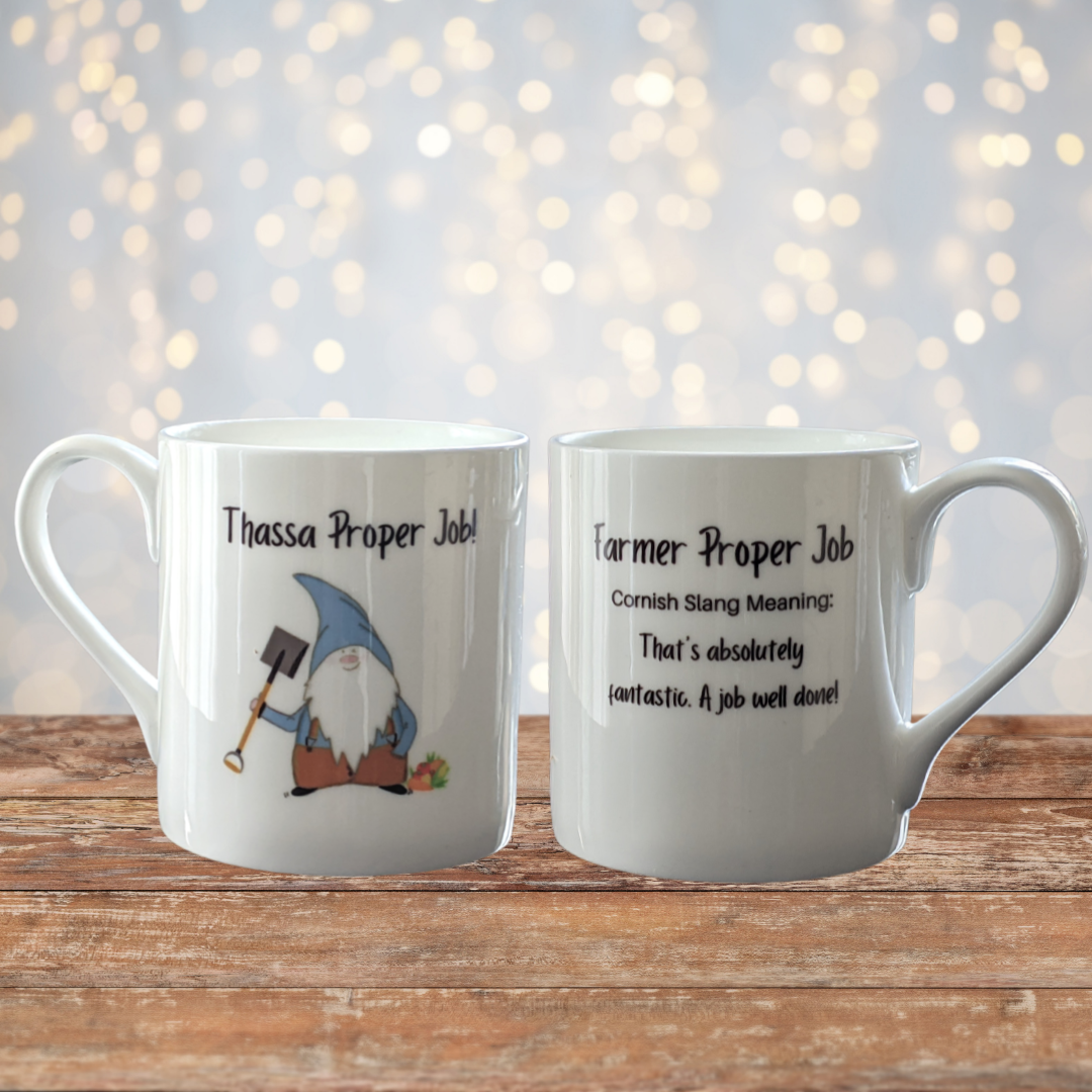 Cornish Gnome Mug - Farmer Proper Job -bone china, handprinted