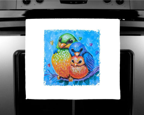 Nature's Own - Luxury handprinted tea towel,  Rainbow Bird Family Painting
