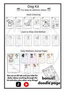 Dog printed colouring in and activity sheets for daily art wellness activities online you tube tiktok, instagram facebook DOWNLOAD