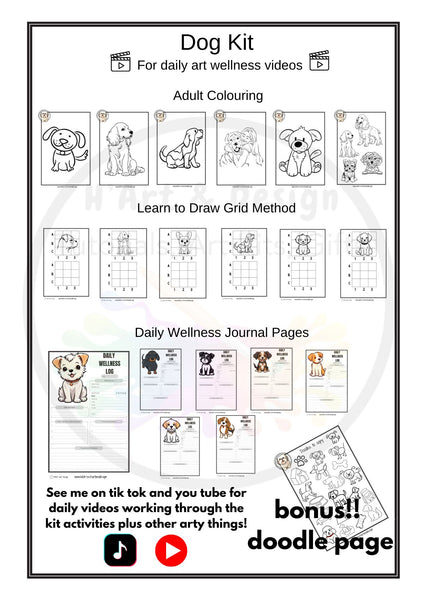 Dog printed colouring in and activity sheets for daily art wellness activities online you tube tiktok, instagram facebook DOWNLOAD