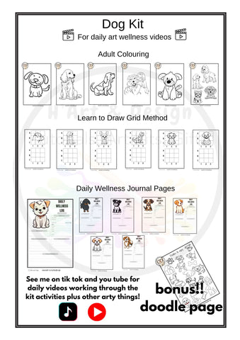 Dog printed colouring in and activity sheets for daily art wellness activities online you tube tiktok, instagram facebook PRINTED