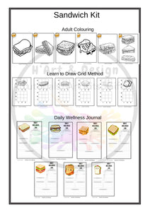 Sandwich printed colouring in and activity sheets for daily art wellness activities online you tube tiktok, instagram facebook PRINTED