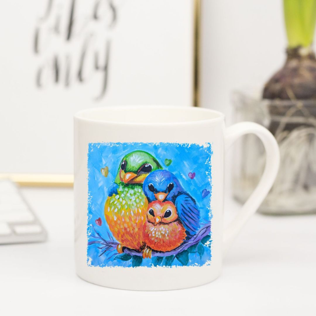 Nature's Own - Bone China Mug - Rainbow Bird Family Painting