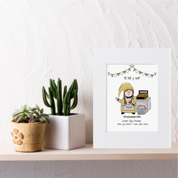 Cornish Gnome 'Shopkeeper Ellie' print mounted and framed options - Cornish gift