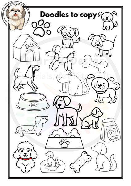 Dog printed colouring in and activity sheets for daily art wellness activities online you tube tiktok, instagram facebook PRINTED