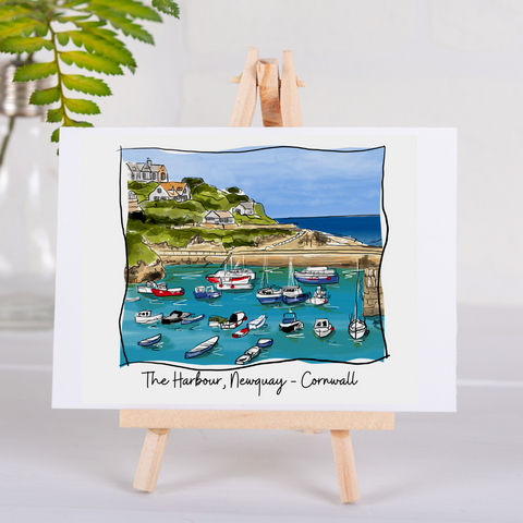 Art of Cornwall Greetings Card - Newquay Harbour, Newquay, Cornwall