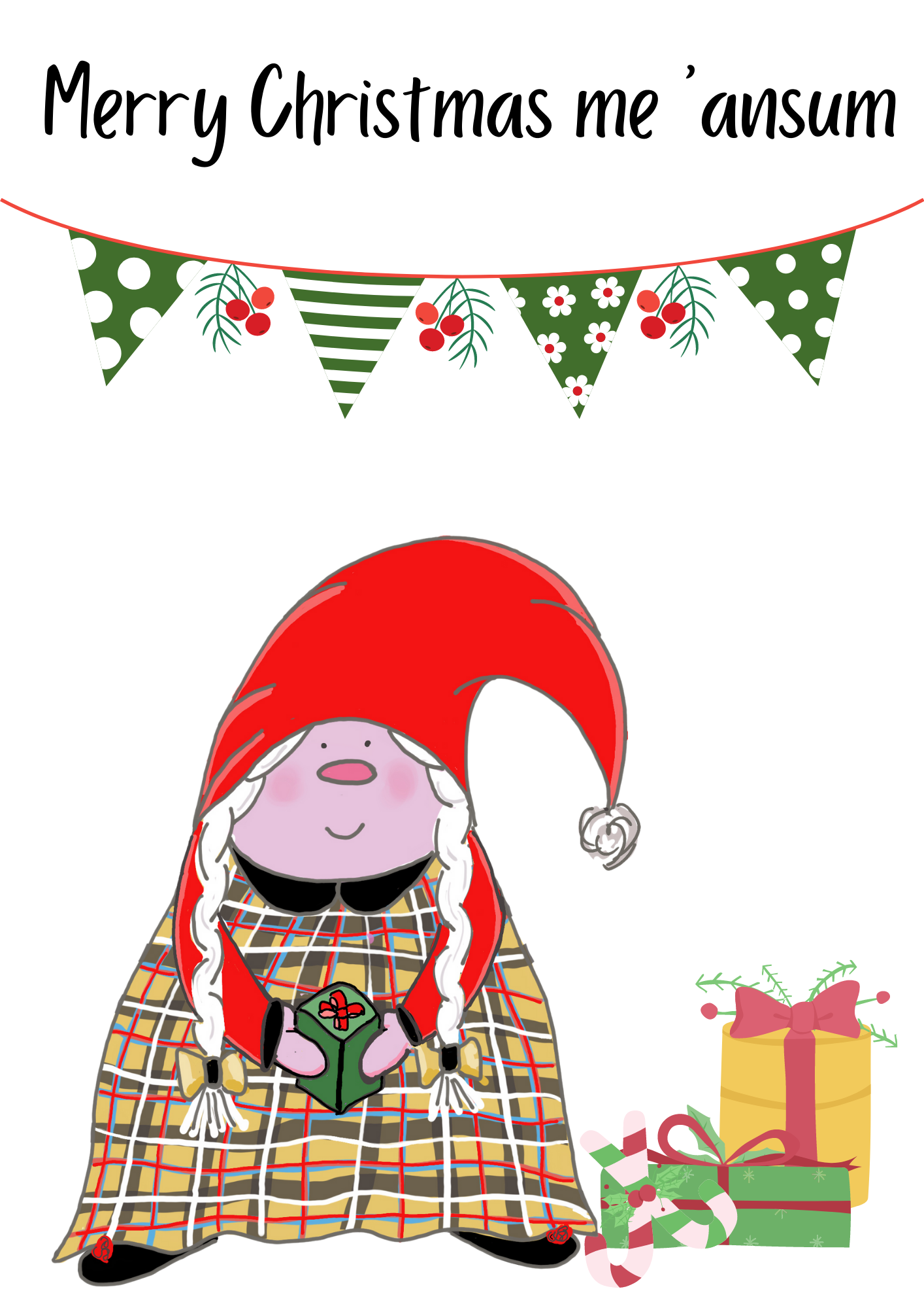 The Cornish Gnome - Dearovim and bunting- A5 Christmas card