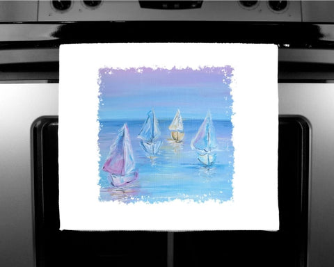 Nature's Own - Luxury handprinted tea towel, Pastel Boats painting