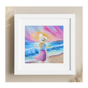 Beach Painting-woman walking on the beach at sunset - Detailed soft pastel drawing - ORIGINAL