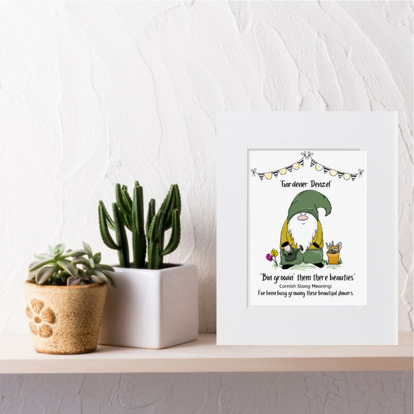 Cornish Gnome 'Gardener Denzel' print mounted and framed options - Cornish gift