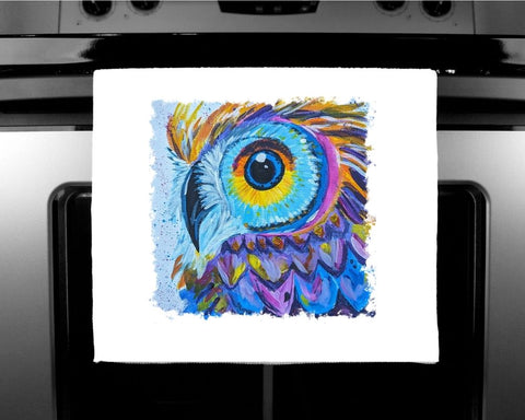 Nature's Own - Luxury handprinted tea towel,  Rainbow Owl Painting