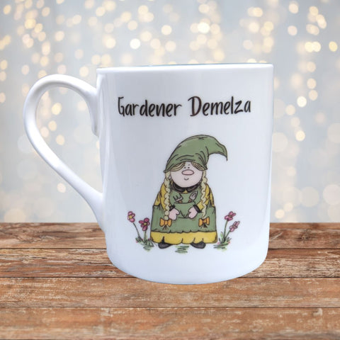 Cornish Gnome Mug - Gardener Demelza -bone china and hand printed