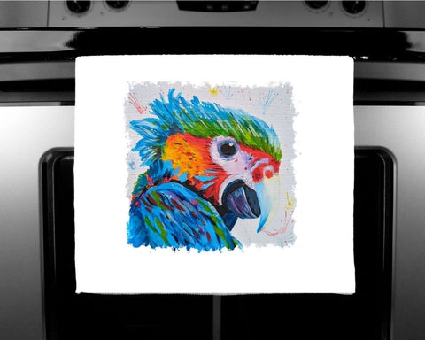 Nature's Own - Luxury handprinted tea towel,  Rainbow Parrot Painting