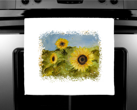Nature's Own - Luxury handprinted tea towel, Sunflower Field Painting, Cornwall