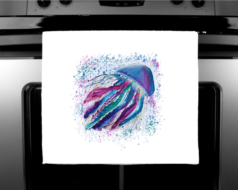 Nature's Own - Luxury handprinted tea towel, Jubilant Jellyfish Painting, Cornwall