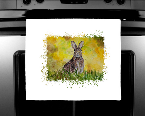Nature's Own - Luxury handprinted tea towel, Field Rabbit Painting,
