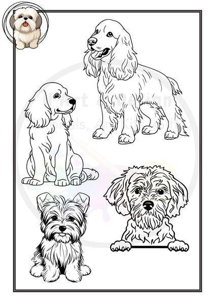 Dog printed colouring in and activity sheets for daily art wellness activities online you tube tiktok, instagram facebook PRINTED