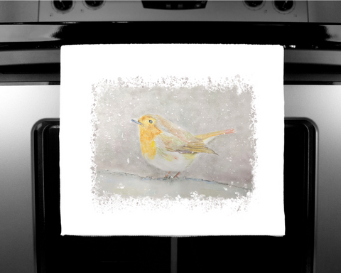 Nature's Own - Luxury handprinted tea towel, Robin in the Snow Painting,