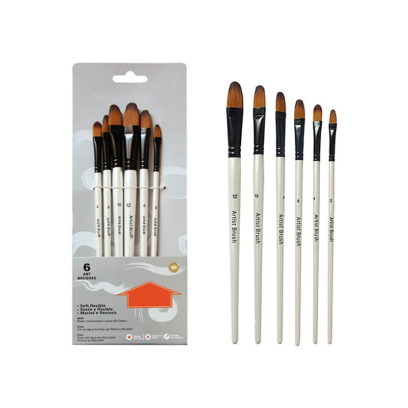 Two-tone Nylon Hair Brush Pearl White Wood Pole for Oil Paint for Hair Watercolor Brush for Beginners 6 Pcs/set Art Paint Brush