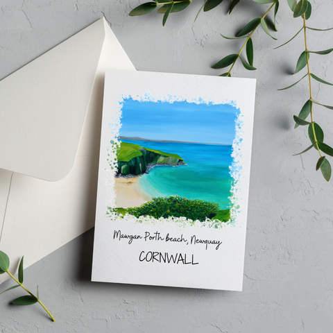 Art of Cornwall Greetings Card - Mawgan Porth Beach, Newquay, Cornwall