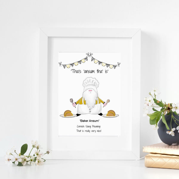 Cornish Gnome 'Baker Ansum' print, mounted or framed options