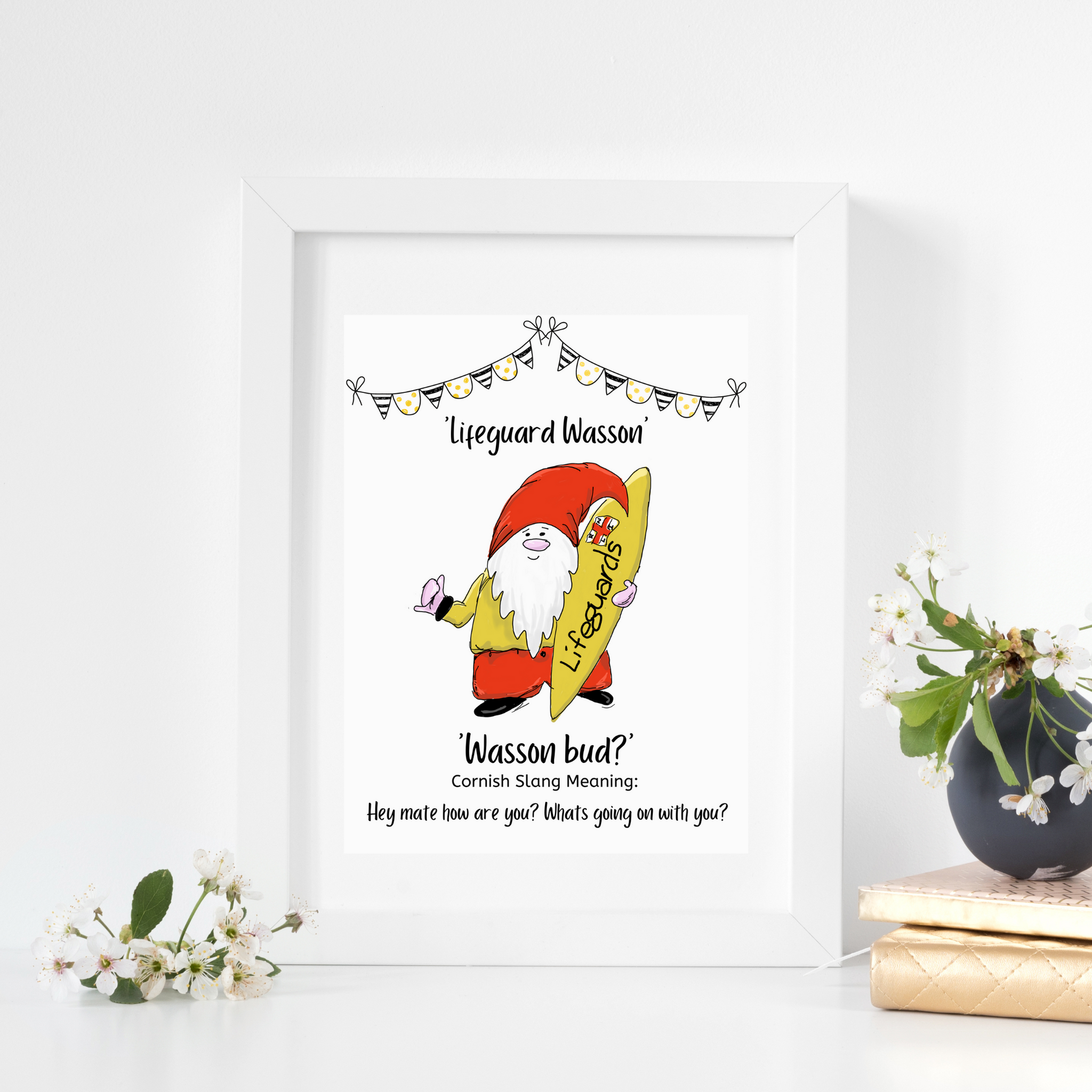 Cornish Gnome 'Lifeguard Wasson' print mounted and framed options - Cornish gift