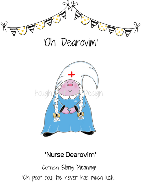 Cornish Gnome 'Nurse Dearovim' print, mounted or framed