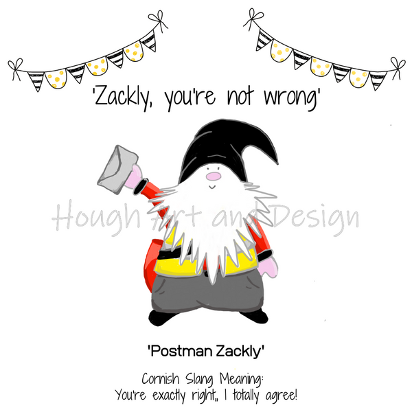 Cornish Gnome 'Postman Zackly' print mounted and framed options