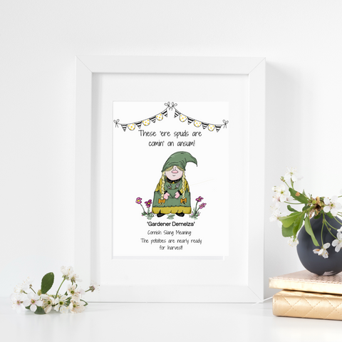 Cornish Gnome 'Gardener Demelza' print mounted and framed options - Cornish gift