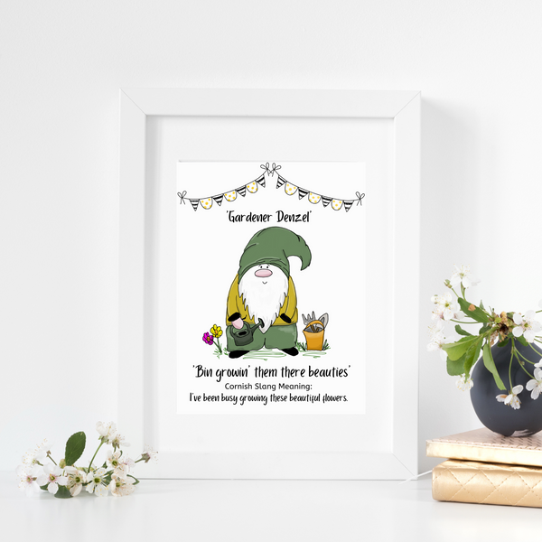 Cornish Gnome 'Gardener Denzel' print mounted and framed options - Cornish gift