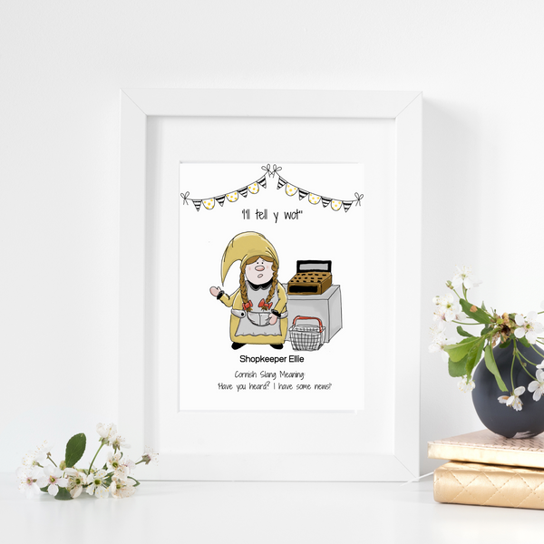 Cornish Gnome 'Shopkeeper Ellie' print mounted and framed options - Cornish gift