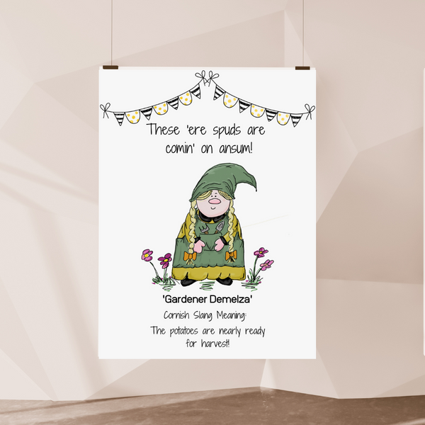 Cornish Gnome 'Gardener Demelza' print mounted and framed options - Cornish gift