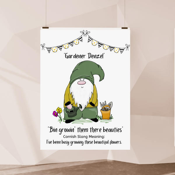 Cornish Gnome 'Gardener Denzel' print mounted and framed options - Cornish gift