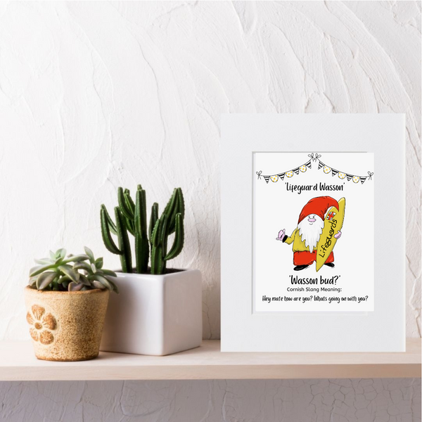 Cornish Gnome 'Lifeguard Wasson' print mounted and framed options - Cornish gift