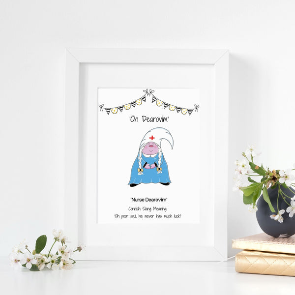 Cornish Gnome 'Nurse Dearovim' print, mounted or framed