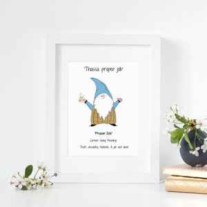 Cornish Gnome 'Proper Job' print, mounted and framed