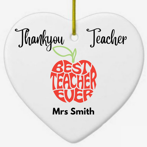 Personalised Teacher Thank You Present - White ceramic heart ornament - word apple - HartandDesign