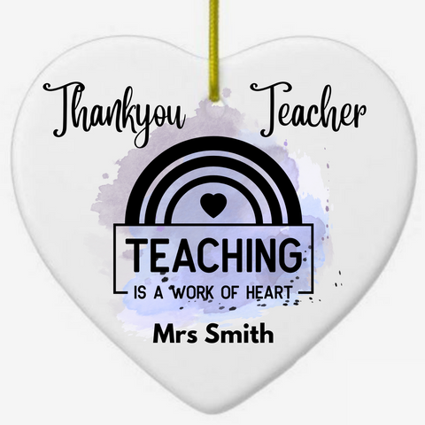 Personalised Teacher Thank You Present - White ceramic heart ornament - purple splash - HartandDesign