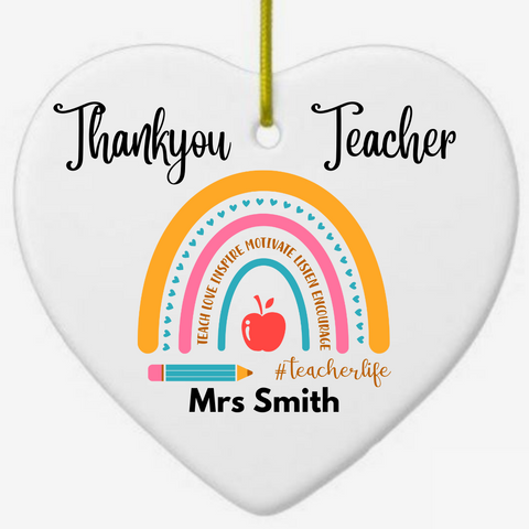 Personalised Teacher Thank You Present - White ceramic heart ornament - rainbow words - HartandDesign