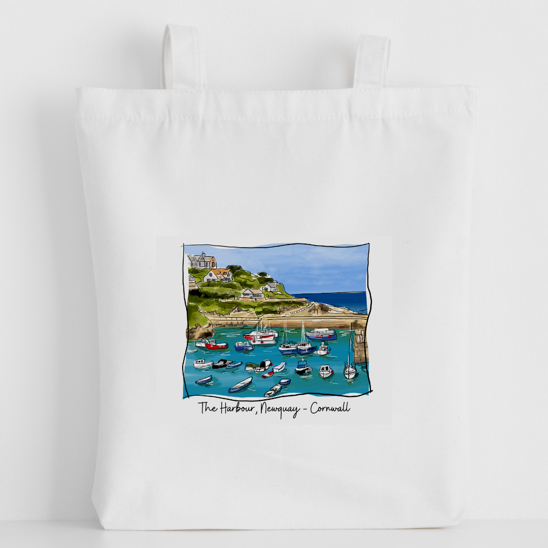 Art of Cornwall - Luxury canvas tote bag,Newquay Harbour, handprinted in Cornwall- Cornish Gift - HartandDesign