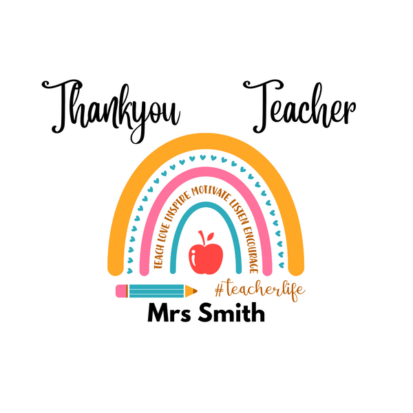 Personalised Teacher Thank You Present - High Quality white tea towel - rainbow words - HartandDesign