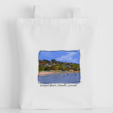 Art of Cornwall - Luxury canvas tote bag, Swanpool Beach, Falmouth, handprinted in Cornwall- Cornish Gift - HartandDesign