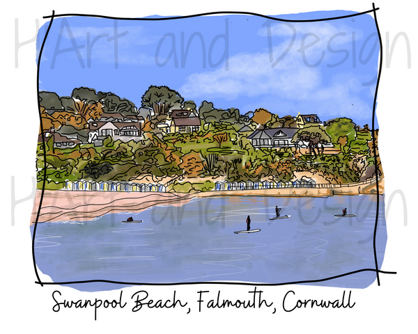 Art of Cornwall, Bone china mug, Swanpool Beach, Falmouth, Cornwall - HartandDesign