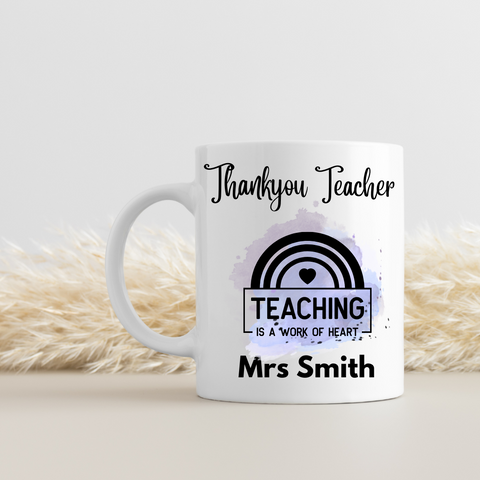 Personalised Teacher Thank You Present - White ceramic mug - purple splash - HartandDesign
