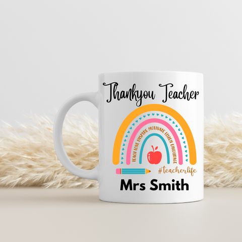 Personalised Teacher Thank You Present - White ceramic mug - word rainbow - HartandDesign