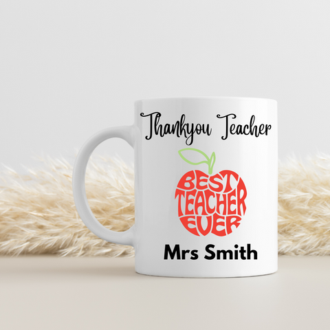 Personalised Teacher Thank You Present - White ceramic mug - word apple - HartandDesign