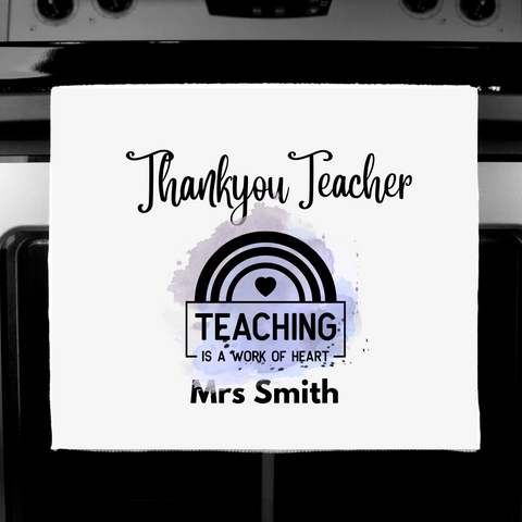 Personalised Teacher Thank You Present - High Quality white tea towel -purple splash - HartandDesign