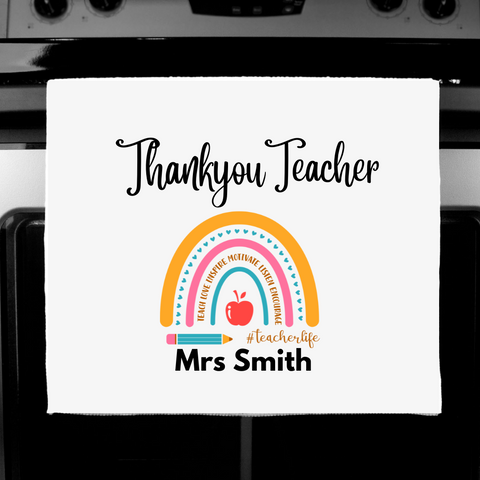 Personalised Teacher Thank You Present - High Quality white tea towel - rainbow words - HartandDesign